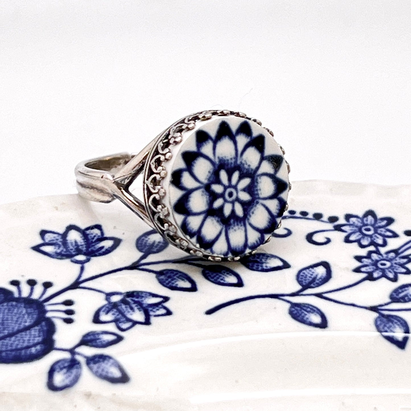 Vintage Blue Onion China Ring, Adjustable Sterling Silver Ring, Blue and White Flower Broken China Jewelry, Unique Gifts for Women