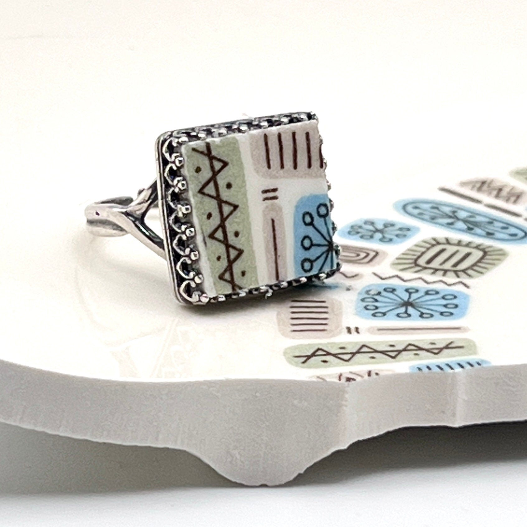 1960s Mid Century Modern Temporama China, Sterling Silver Adjustable Square Ring, Broken China Jewelry