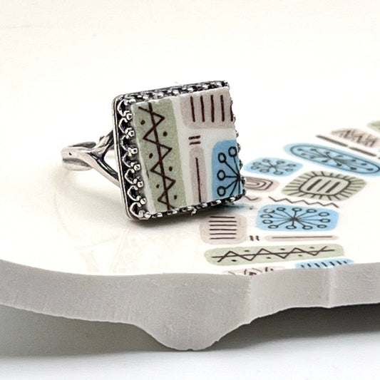1960s Mid Century Modern Temporama China, Sterling Silver Adjustable Square Ring, Broken China Jewelry