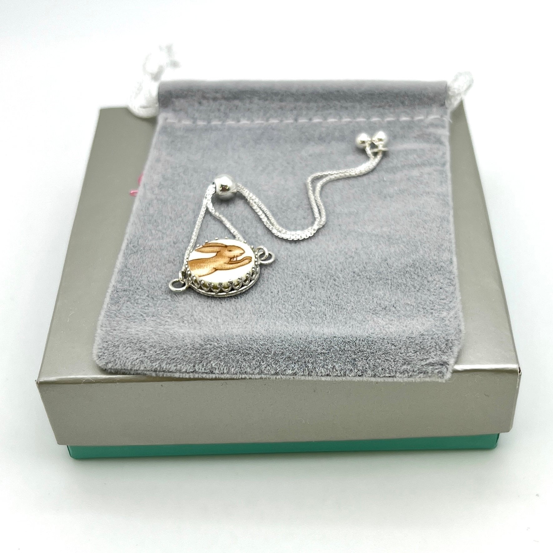 Dainty Bunnykins Bunny Bracelet, Broken China Jewelry, Adjustable Sterling Silver Bracelet