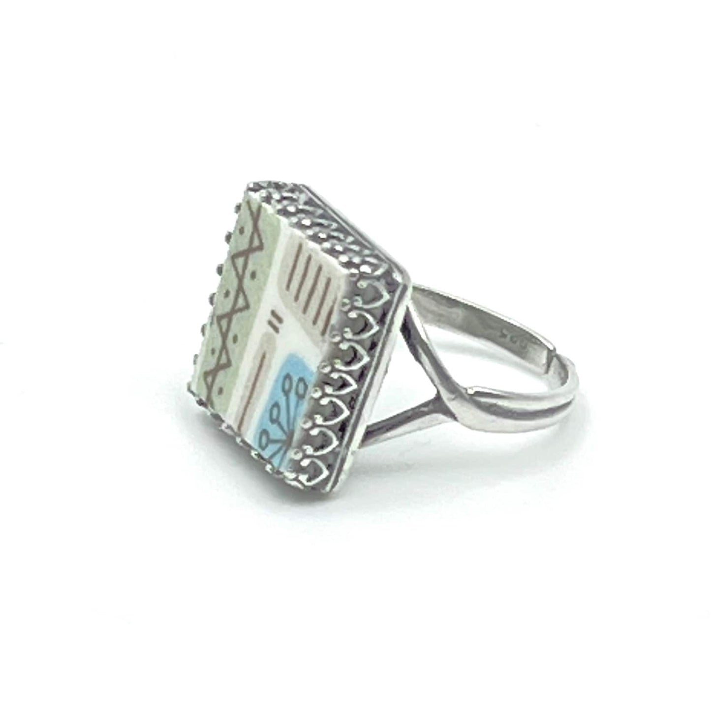 1960s Mid Century Modern Temporama China, Sterling Silver Adjustable Square Ring, Broken China Jewelry