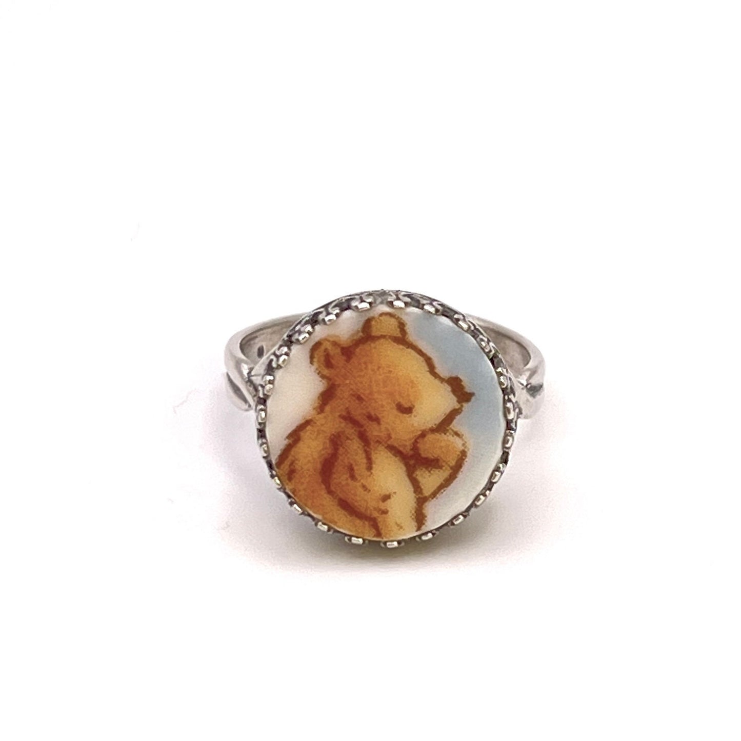 Winnie the Pooh Silver Ring, Vintage Pooh Bear Jewelry, Broken China Jewelry, Adjustable Ring, Unique Gifts