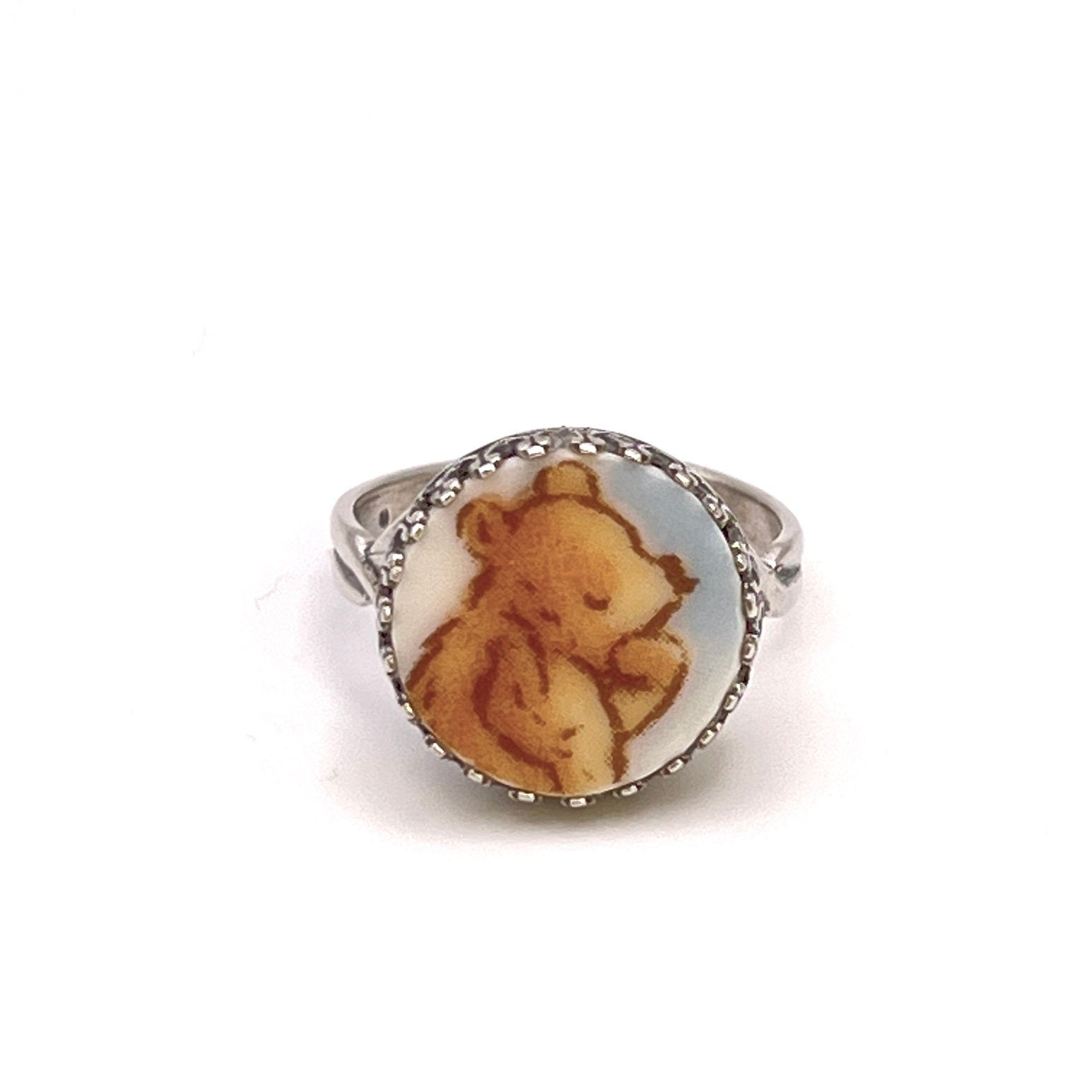 Winnie the Pooh Silver Ring, Vintage Pooh Bear Jewelry, Broken China Jewelry, Adjustable Ring, Unique Gifts