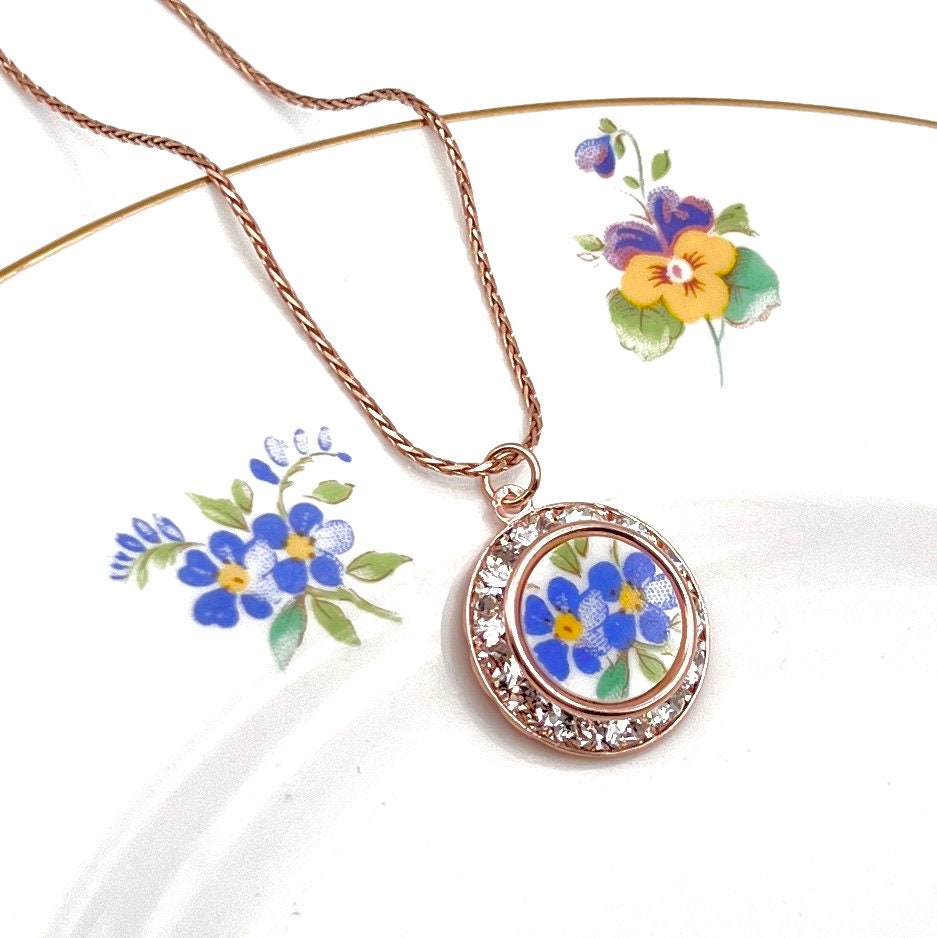 Adjustable Rose Gold Forget Me Not Necklace, Crystal Broken China Jewelry, Unique Anniversary Gifts for Her