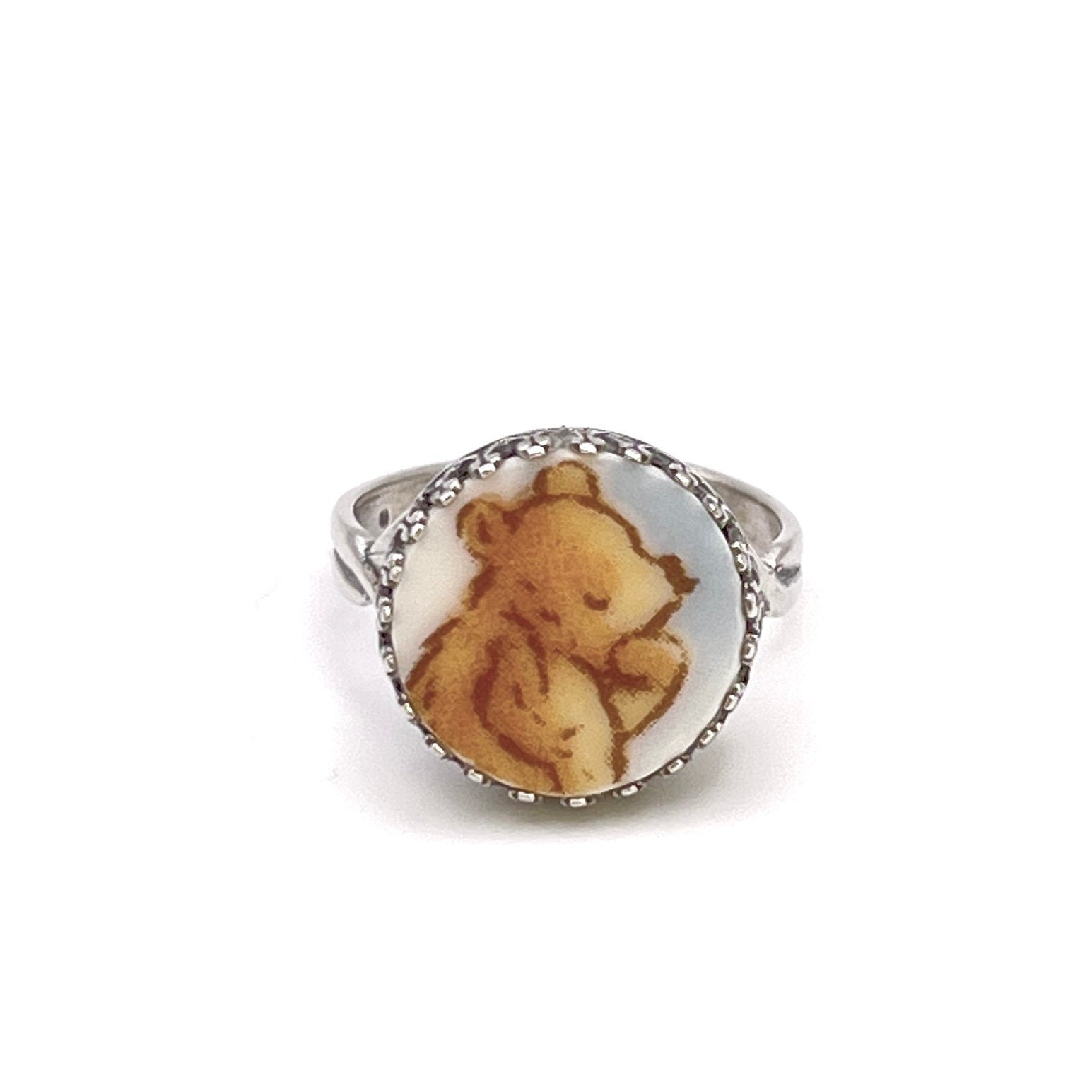 Winnie the Pooh Silver Ring, Vintage Pooh Bear Jewelry, Broken China Jewelry, Adjustable Ring, Unique Gifts