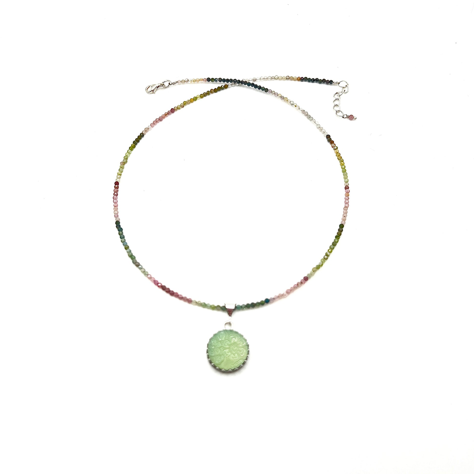 Minimalist Tourmaline Necklace, Fire King Alice Jadeite, Depression Glass Broken China Jewelry