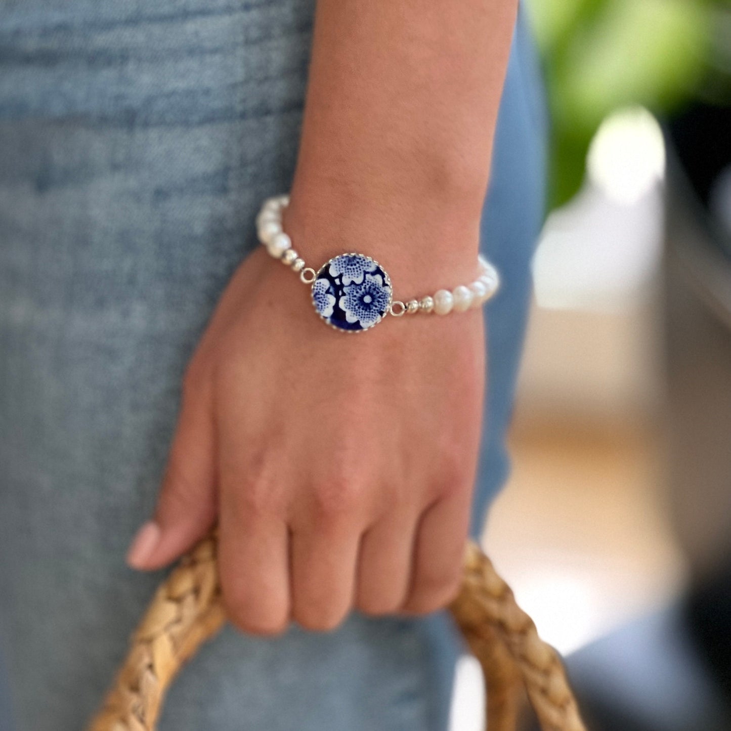 Sterling Silver Pearl Bracelet, Blue and White Porcelain, Broken China Jewelry, 30th Anniversary Gift for Wife