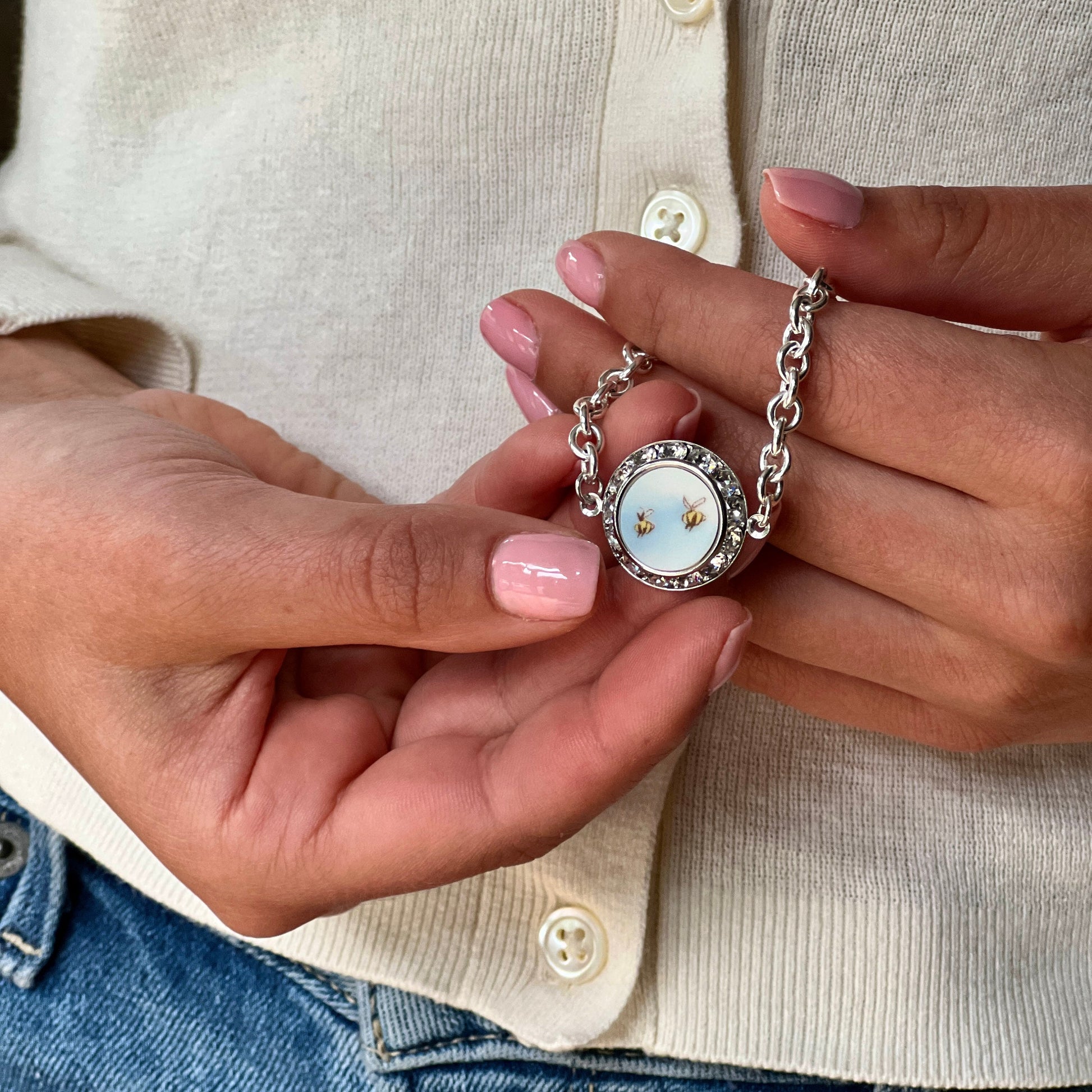 Crystal Bee Magnetic Clasp Bracelet, Honey Bee Jewelry, Hand Carved Vintage Broken China Gifts