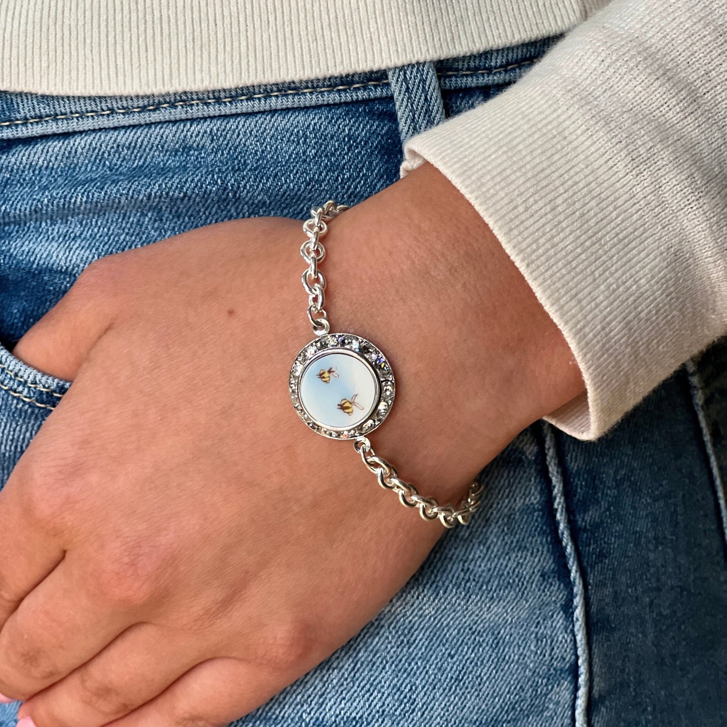 Crystal Bee Magnetic Clasp Bracelet, Honey Bee Jewelry, Hand Carved Vintage Broken China Gifts