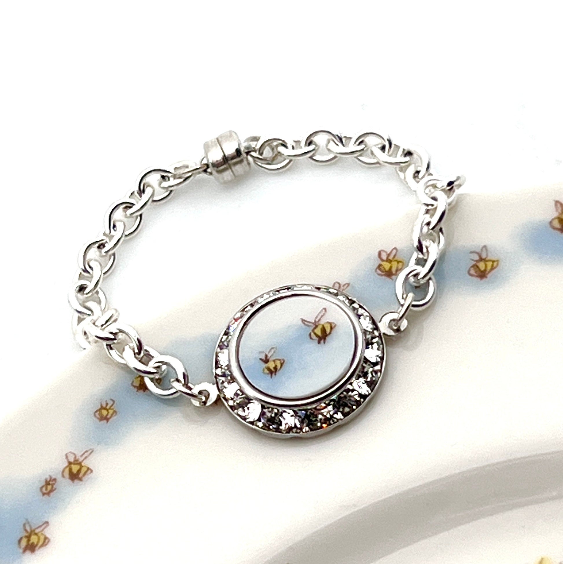 Crystal Bee Magnetic Clasp Bracelet, Honey Bee Jewelry, Hand Carved Vintage Broken China Gifts