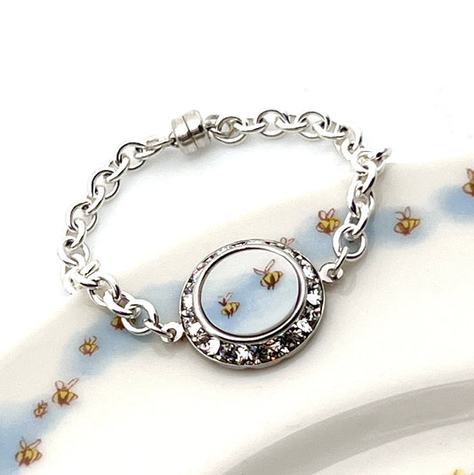 Crystal Bee Magnetic Clasp Bracelet, Honey Bee Jewelry, Hand Carved Vintage Broken China Gifts