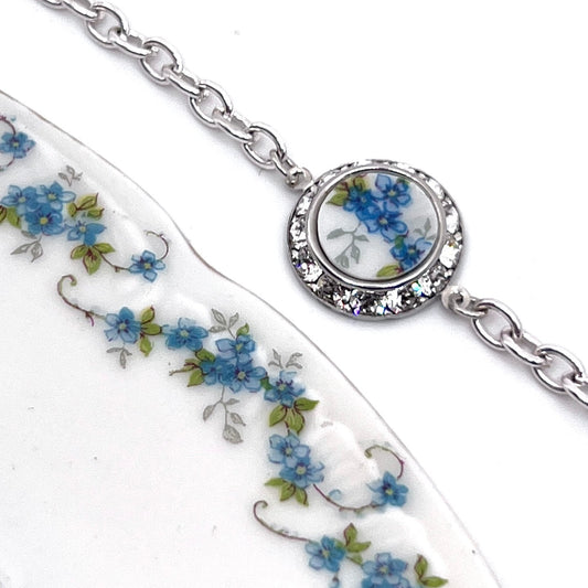 Magnetic Clasp Bracelet, Vintage Forget Me Not China, Unique Gifts for Women, Aqua Blue Flower