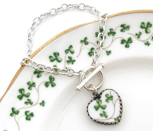 Irish China Shamrock Bracelet, 20th Anniversary Gift for Wife, Sterling Silver Celtic Jewelry, Gifts for Her