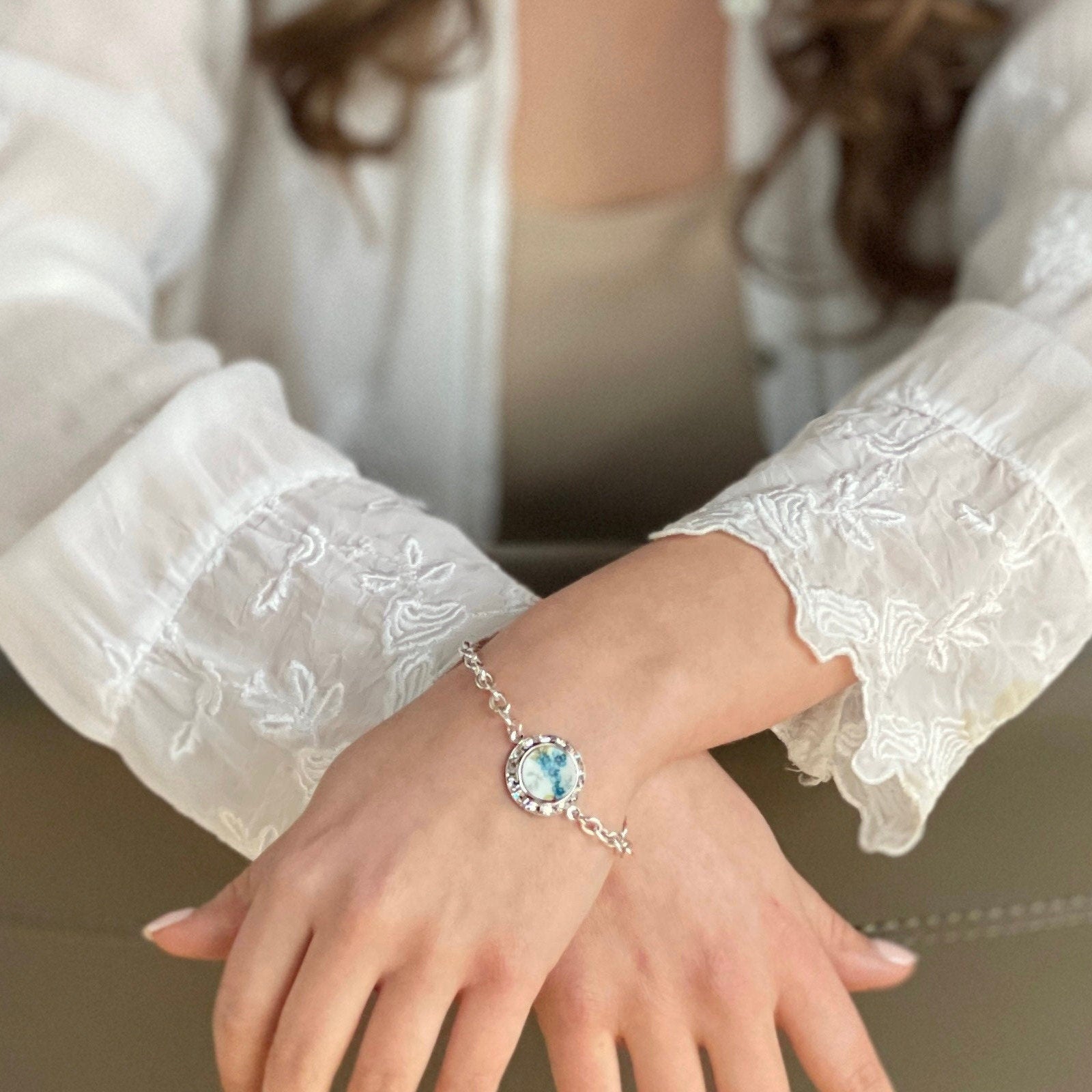 Magnetic Clasp Bracelet, Vintage Forget Me Not China, Unique Gifts for Women, Aqua Blue Flower