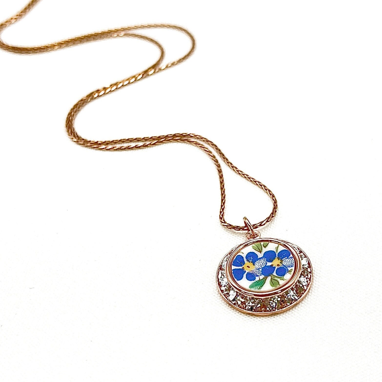 Adjustable Rose Gold Forget Me Not Necklace, Crystal Broken China Jewelry, Unique Anniversary Gifts for Her