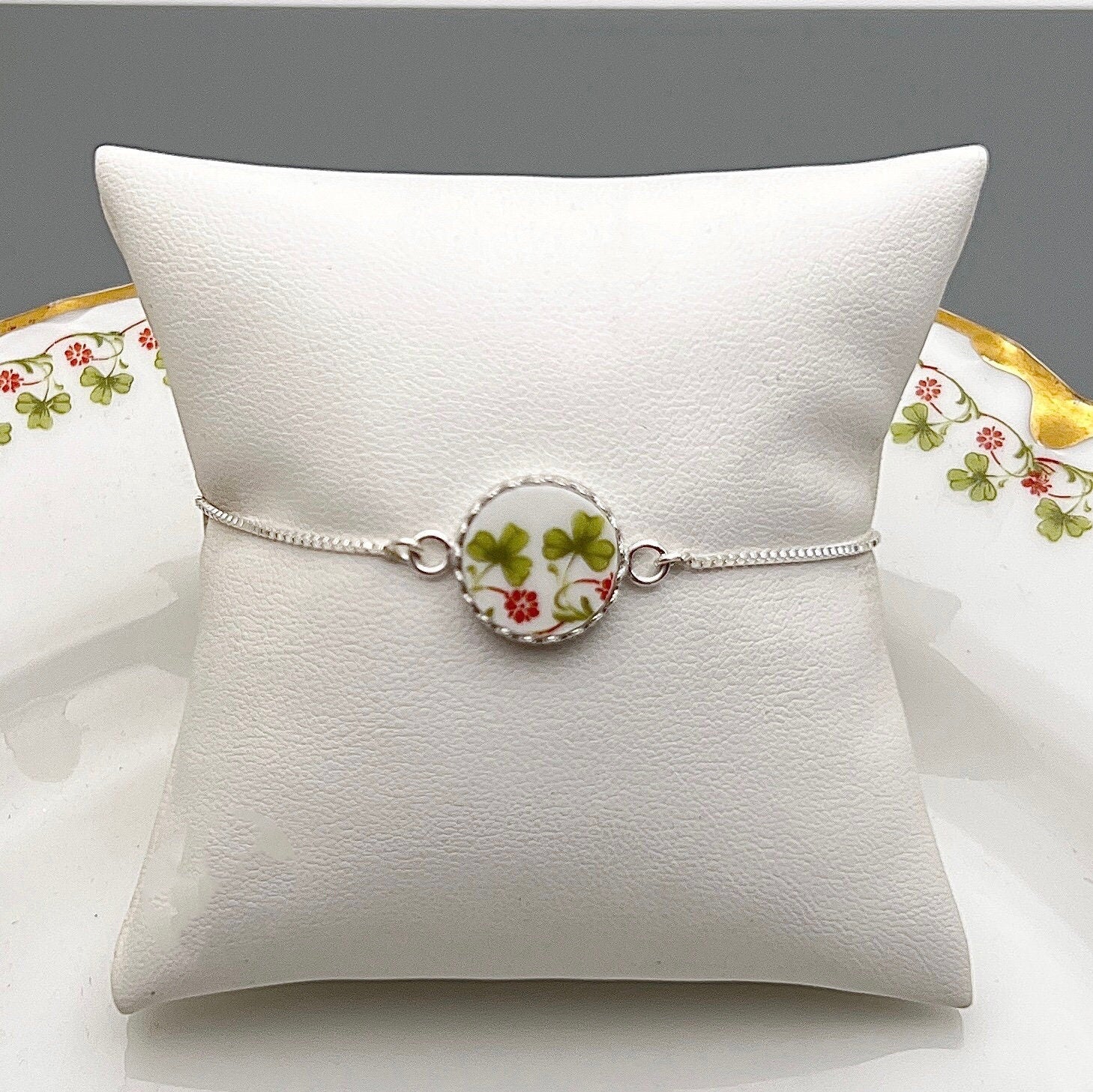 Limoges Shamrock Bracelet, Broken China Jewelry, Irish Jewelry, Dainty Celtic Bolo Bracelet, Unique Irish Gifts for Women