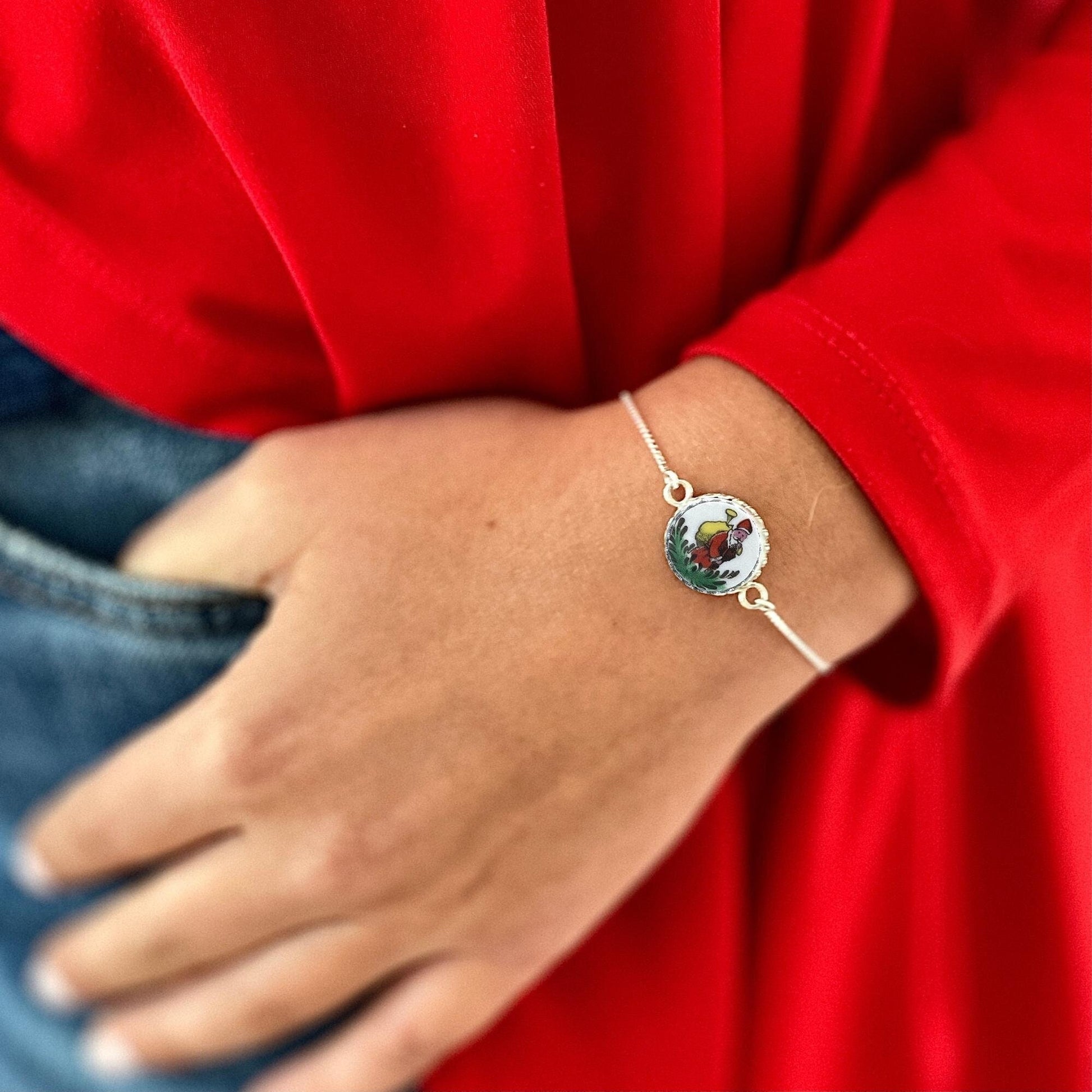 Dainty Santa Adjustable Sterling Silver Bracelet, Spode Christmas Tree Broken China Jewelry, Unique Christmas Gifts for Women