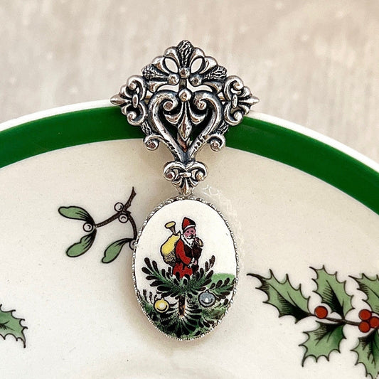 Victorian Pin, Santa Broken China Jewelry, Sterling Silver, Spode Christmas Tree