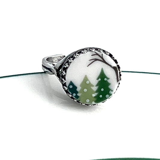 Christmas Broken China Jewelry, Sterling Silver Adjustable Ring, Winter Holiday Jewelry Gifts
