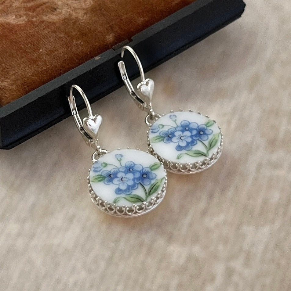 Forget Me Not Silver Earrings, Heart Earrings, Flower Jewelry, Romantic Gift for Girlfriend, Sterling Silver Broken China Jewelry