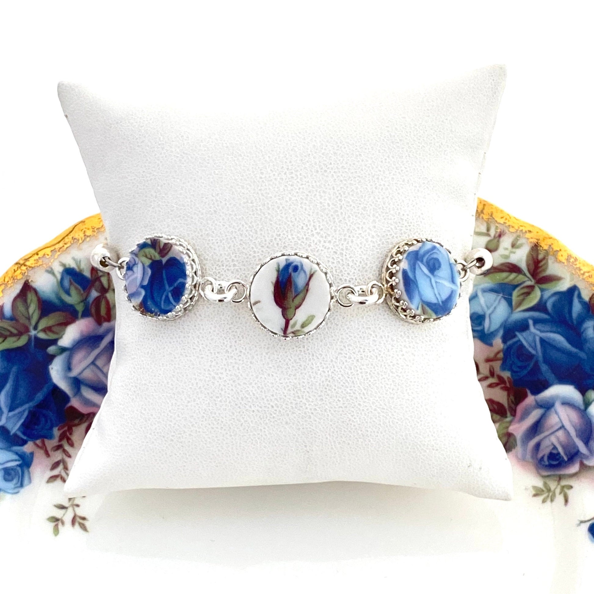 20th Anniversary Broken China Jewelry Gift for Wife, Royal Albert Moonlight Rose China Bracelet, Sterling Silver