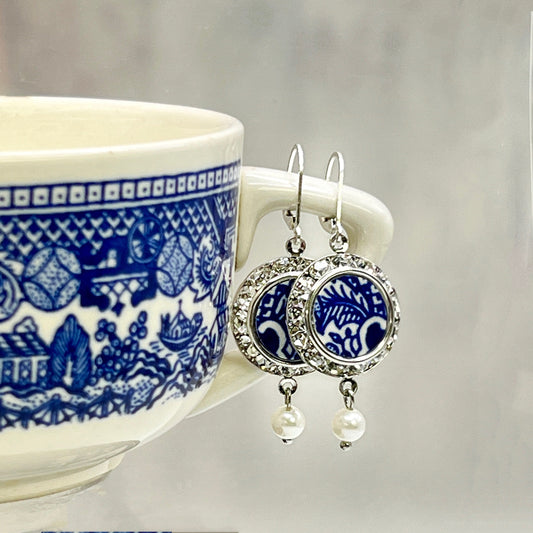 Vintage Blue Willow China Earrings, Crystal and Pearl 20th Anniversary Gift for Wife, Broken China Jewelry