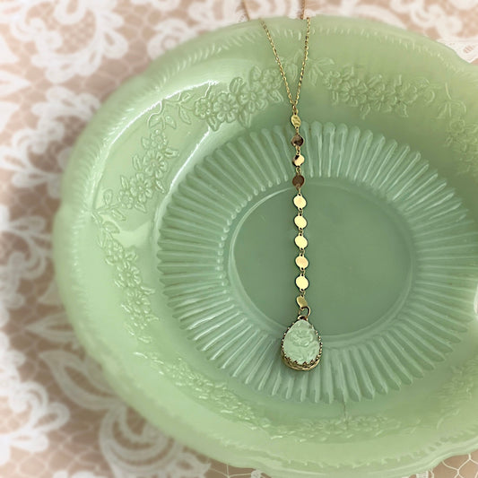 14k Gold Jadeite Glass Necklace, 3rd Anniversary Gift for Wife, Solid Gold Y Necklace, Alice Fire King Vintage Depression Glass Jewelry