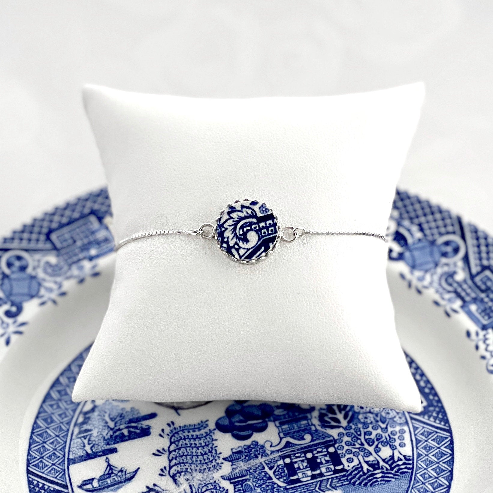 Blue Willow Ware Bolo Bracelet, Broken China Jewelry, Unique Anniversary Gift for Wife, Jewelry Gifts for Women, Sterling Silver Jewelry