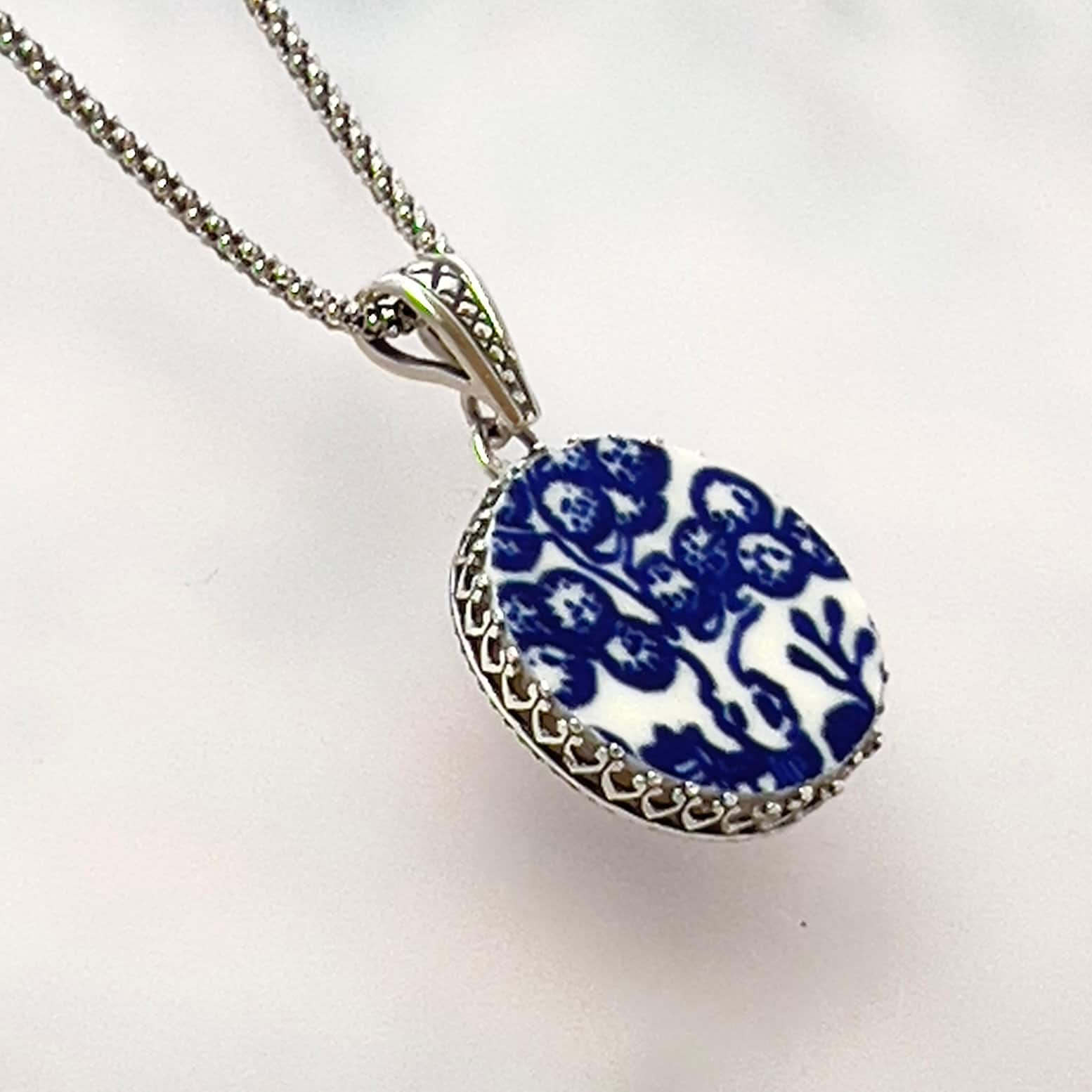 Blue Willow Necklace, Tree Necklace, Unique Gifts for Women, Handmade Broken China Jewelry, Blue Willow Ware China Jewelry, Nature Jewelry