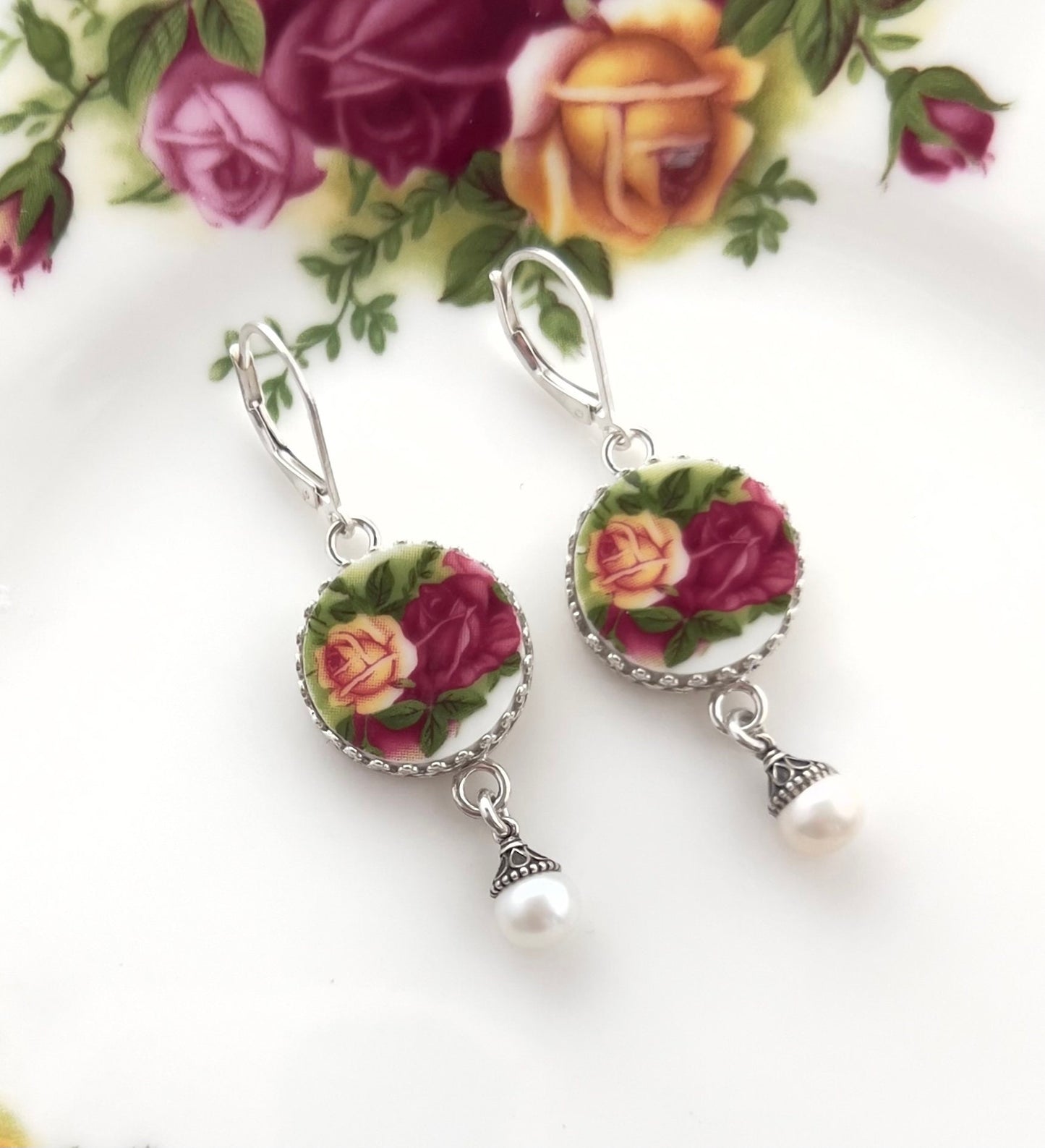 20th Anniversary Gifts for Wife, Old Country Roses China & Pearl Earrings, Vintage Broken China Jewelry