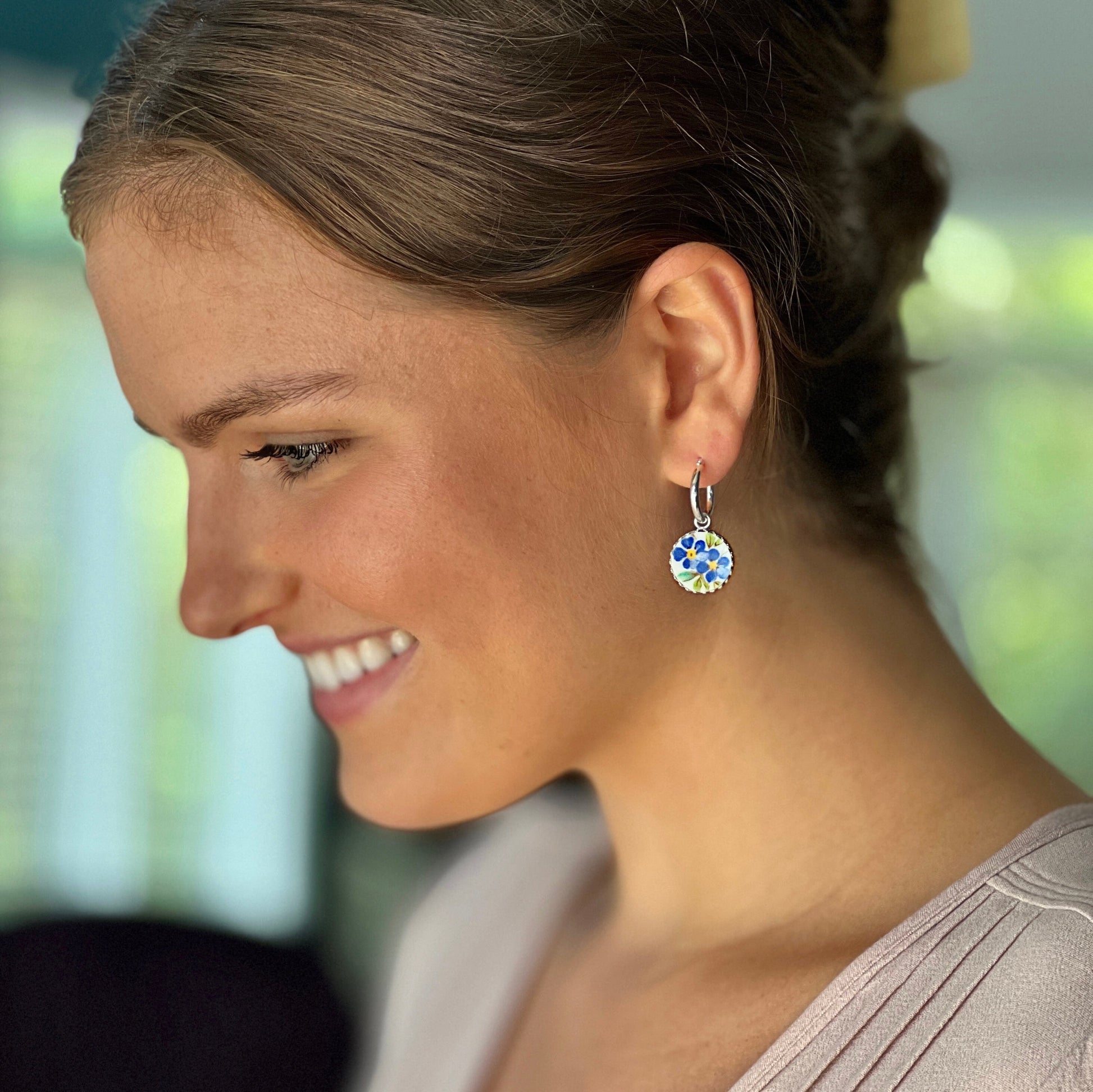 Blue Forget Me Not Earrings, Unique 20th Anniversary Gift for Wife, Broken China Jewelry, Sterling Silver Hoop Earrings