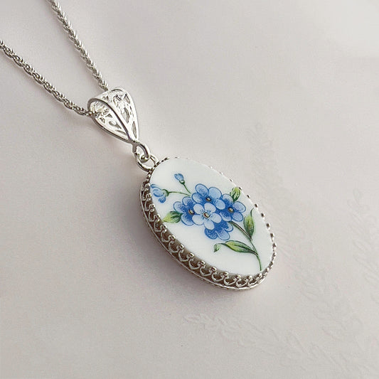 Forget Me Not Necklace 20th Anniversary Gift for Wife - Handmade Broken China Jewelry