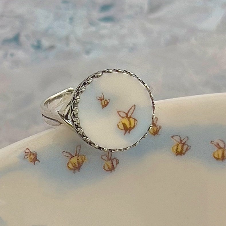 Honey Bee Ring, Insect Jewelry, Dainty Sterling Silver Ring, Bumble Bee Broken China Jewelry, Unique Gifts for Women