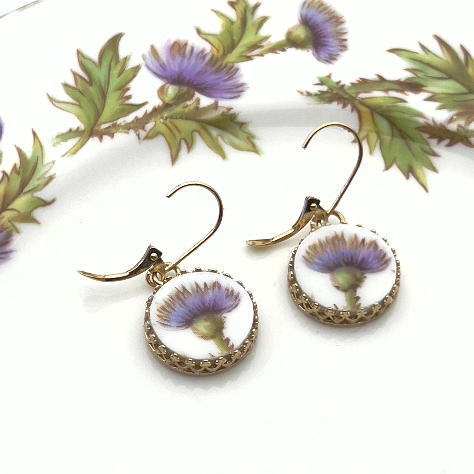 14k Gold Thistle Earrings, Scottish Broken China Jewelry, 20th Anniversary Gift for Wife, Purple Flower Earrings, Scotland Jewelry Gift