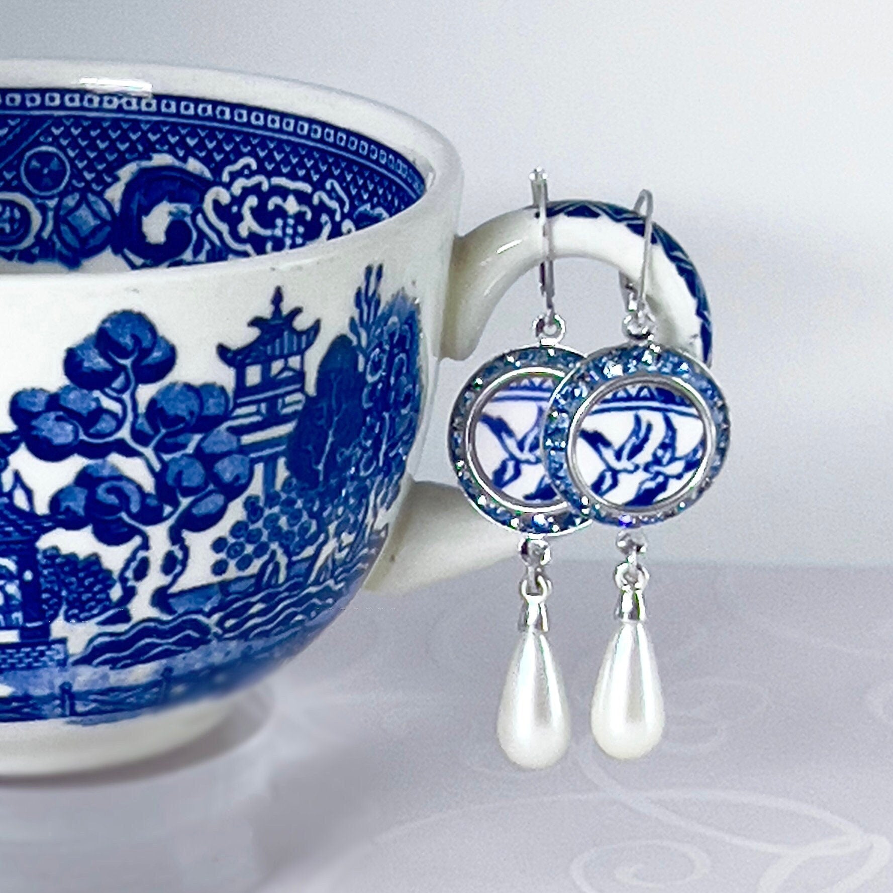 Vintage Blue Willow Broken China Jewelry Love Birds 20th Anniversary Gift for Wife