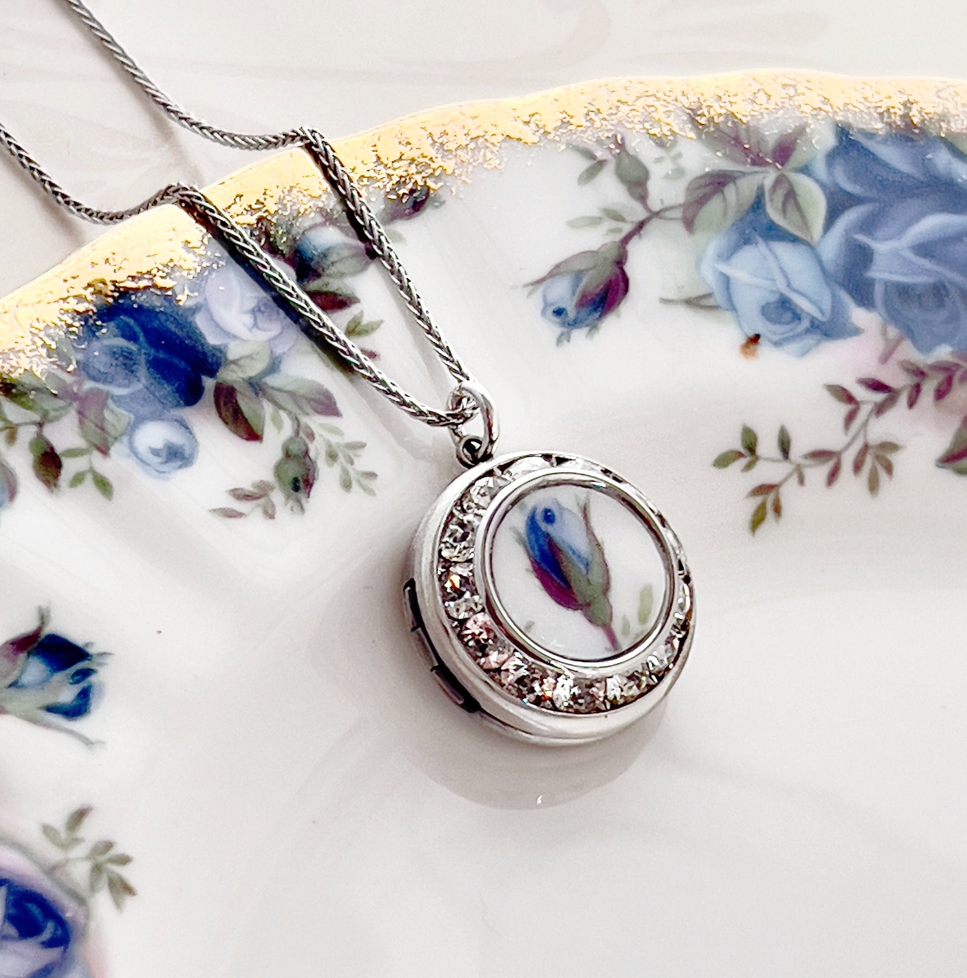 Blue Rose Photo Locket Necklace, Broken China Jewelry, Royal Albert Moonlight Rose Vintage China, Adjustable Necklace, Birthday Gift for Mom