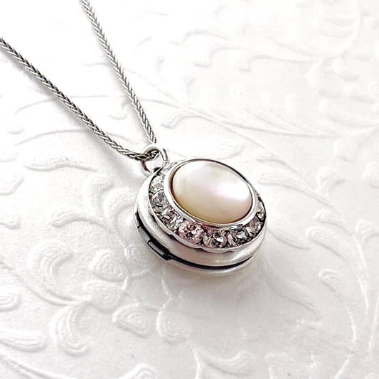 Pearl Photo Locket Necklace, Unique Birthday Gift for Women, Adjustable Sterling Silver Locket, Handmade Crystal and Mother of Pearl Jewelry
