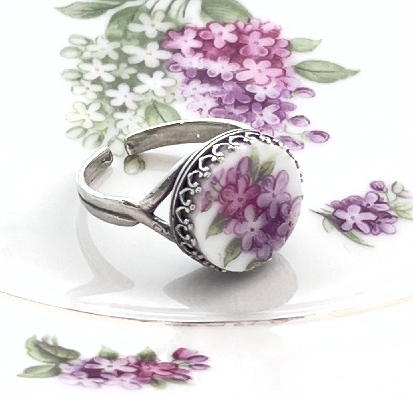 Adjustable Purple Lilac Flower Ring, Unique Cottagecore Jewelry, Sterling Silver Broken China Jewelry