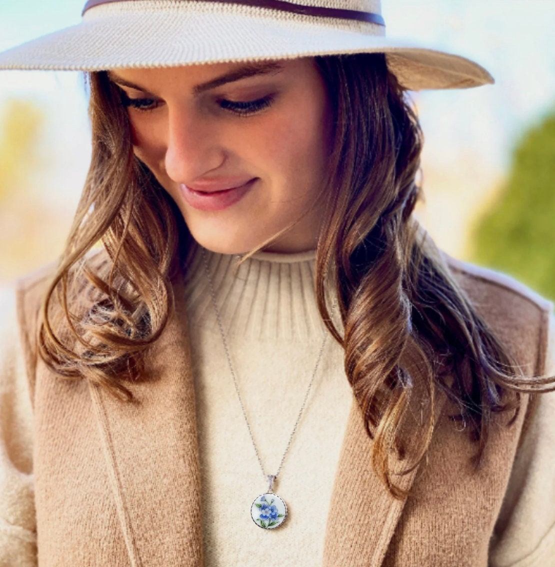 Boho Flower Necklace, 20th Anniversary Gifts for Wife, Vintage Broken China Jewelry, Sterling Silver, Fantasy Floral Jewelry