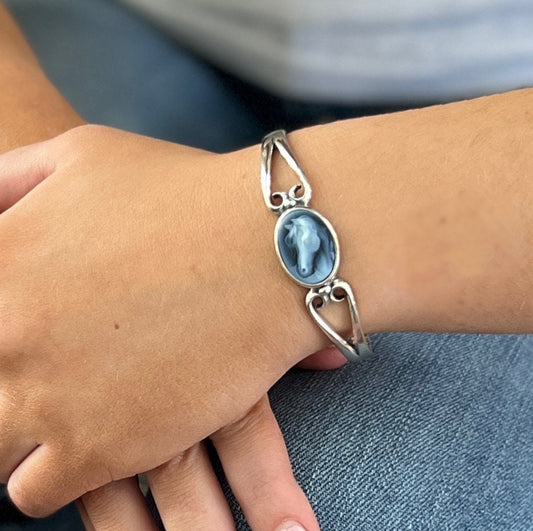 Elegant Horse Cameo Bracelet, Authentic Blue Agate Gemstone Jewelry, Sterling Silver Cuff Bracelet