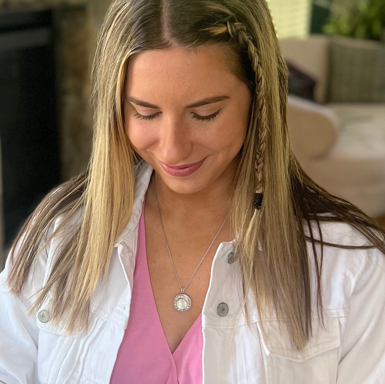 Mother of Pearl Photo Locket Necklace, Unique Anniversary or Valentines Day Gift for Her