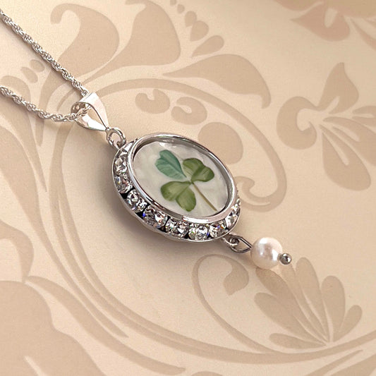 St Patricks Day Shamrock Necklace, Repurposed Irish Belleek, Crystal Broken China Jewelry, 18th Anniversary Gift for Wife, Gifts for Women