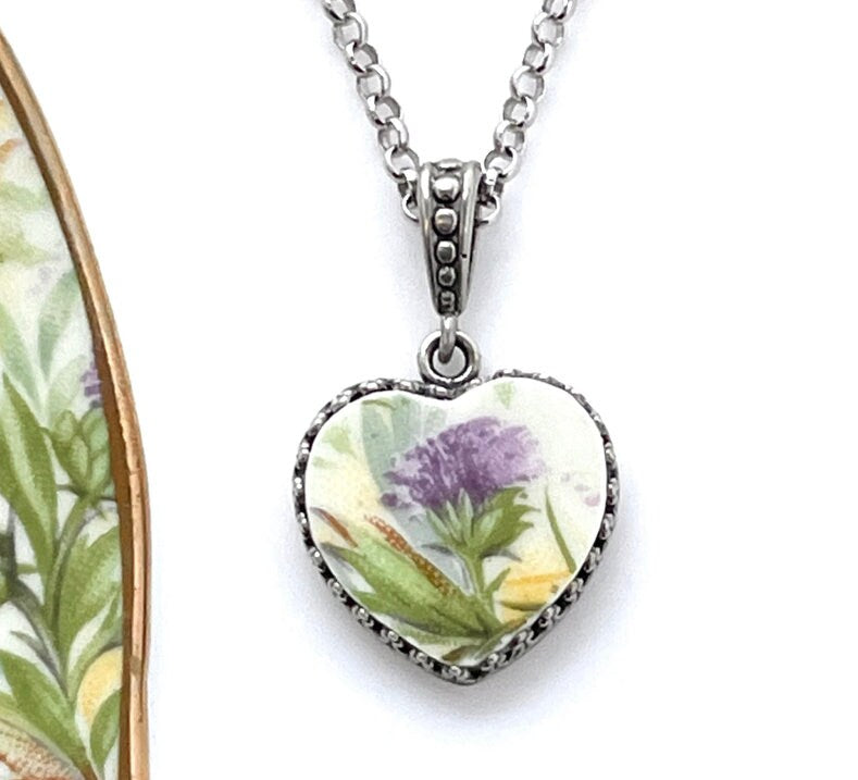 Scottish Thistle Broken China Jewelry, Heart Pendant Necklace, Handmade Jewelry, Anniversary Gifts for Women