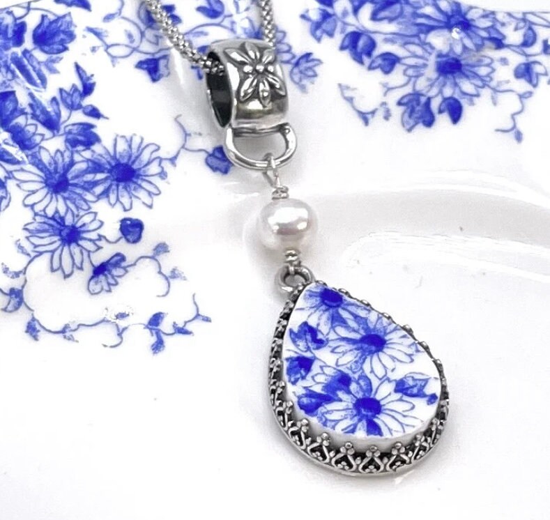 Broken China Jewelry Blue Tower Transferware Flower top Sterling Pendant