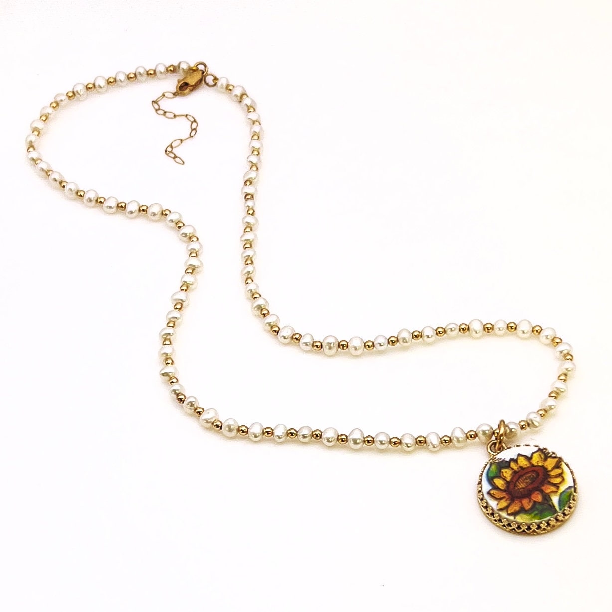 14k Solid Gold Sunflower Pearl Necklace