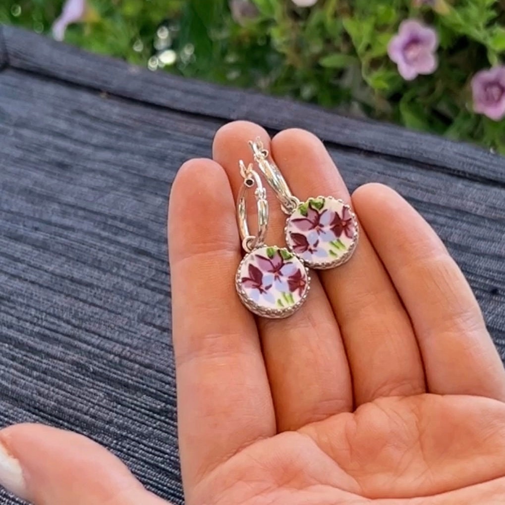 Broken China offers Earrings, Purple Violet Jewelry, Sterling Silver Circle Earrings