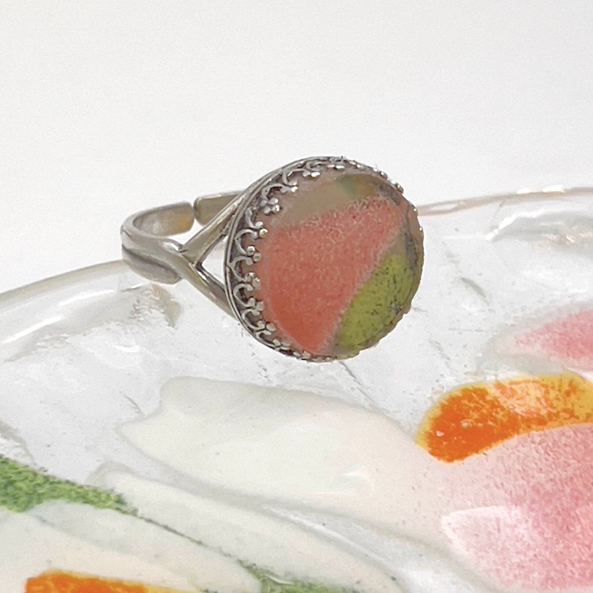 Vintage Glass Ring, Artisan Jewelry Gift for Women, Adjustable Sterling Silver Ring, Upcycled Sydenstricker Glassware