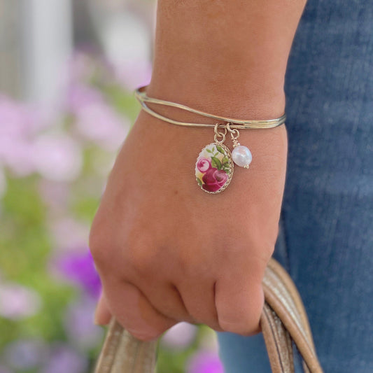 14k Gold Charm Bracelet, Broken China Jewelry 20th Wedding Anniversary Gift for Wife, Royal Albert Old Country Roses, Pearl Charm Bracelet