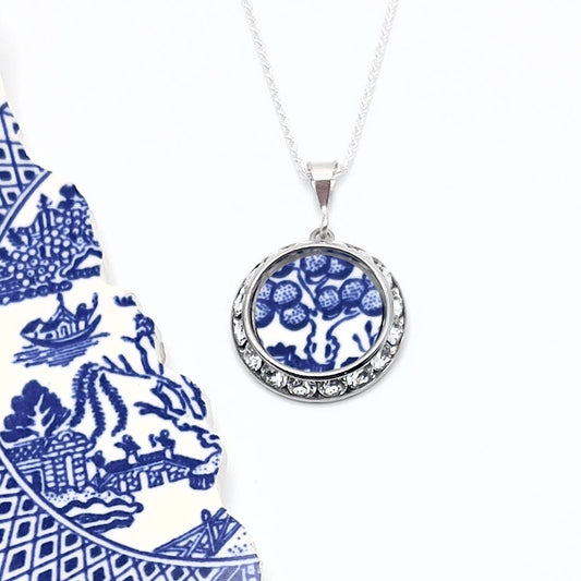 Blue Willow Tree Necklace, Unique Gifts, Crystal Broken China Jewelry, 9th Anniversary Gift for Wife