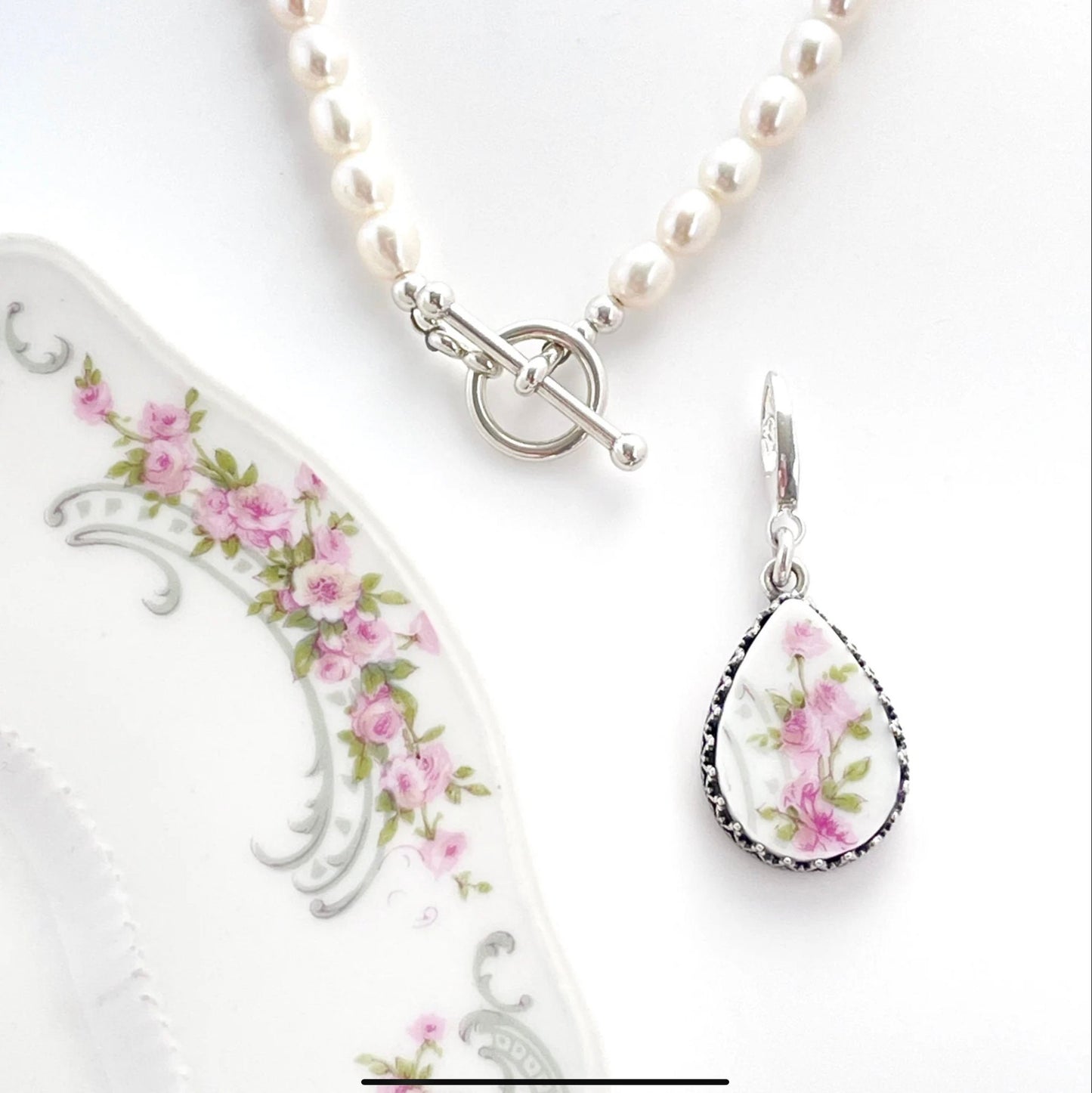 CUSTOM ORDER Pearl Toggle Broken China Jewelry Necklace, Unique 20th Anniversary Gift for Wife, Sterling Silver Jewelry, Custom Made